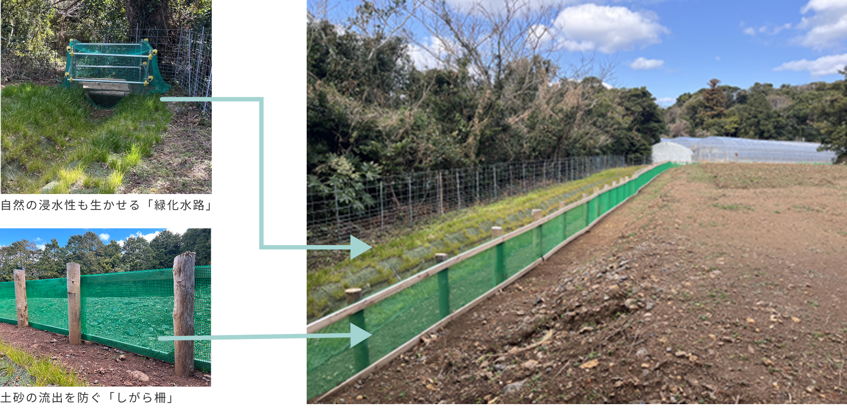 自然の浸水性も生かせる「緑化水路」 「しがら柵」